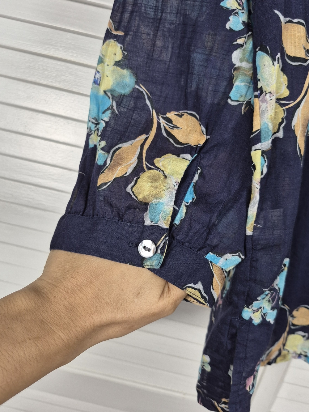 J. Jill 100% Cotton Floral Blouse Women's Large Blue 3/4 Sleeve Peasant Top - Picture 8 of 10
